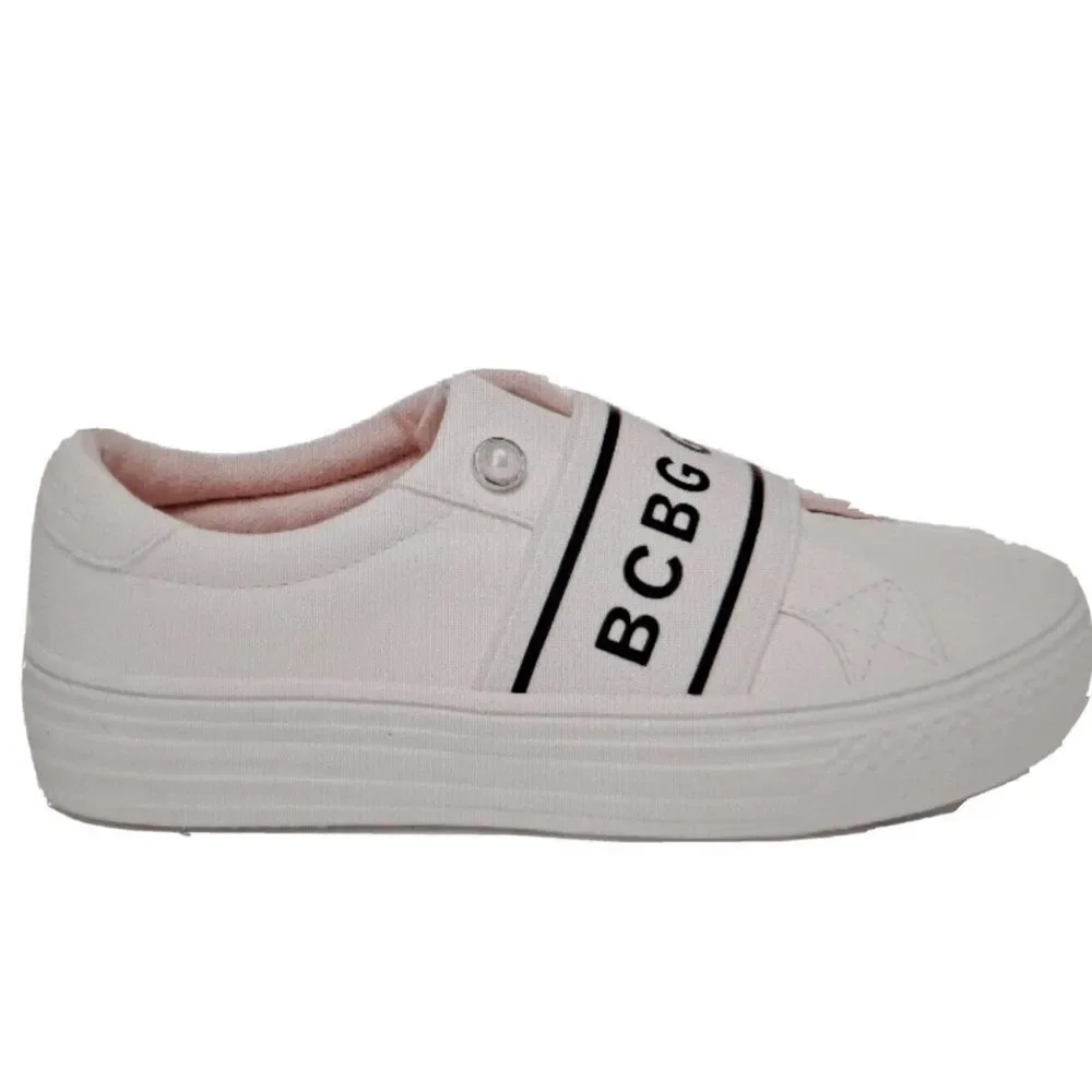 BCBG GIRLS White Large Logo Slip On Sneakers Pearl Details Sz 3 Like New